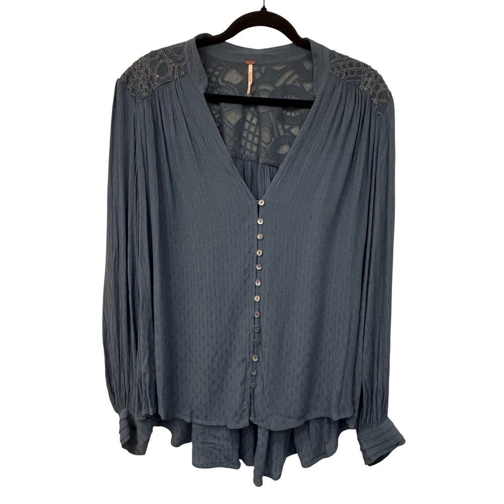 Free People Tunic Blouse Large Women Blue Lace Crochet Boho Button Down Top